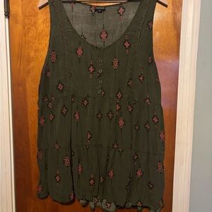 Elegant Olive Sleeveless Top with Floral Accents